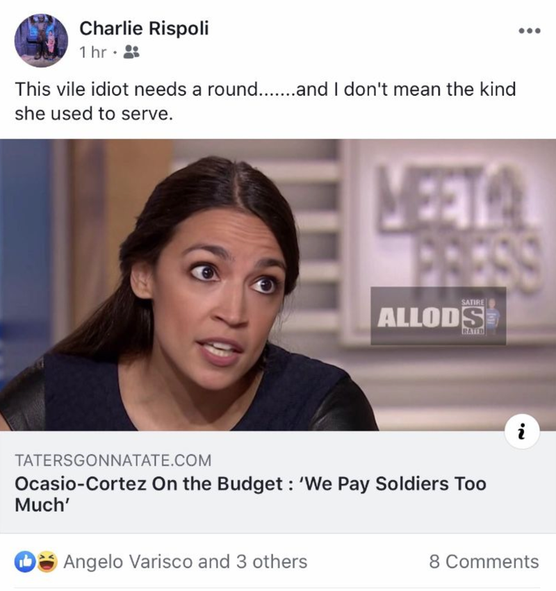 The Facebook post by a police officer in Gretna, Louisiana named Charlie Rispoli who was fired this week for suggesting that Alexandria Ocasio-Cortez should be murdered